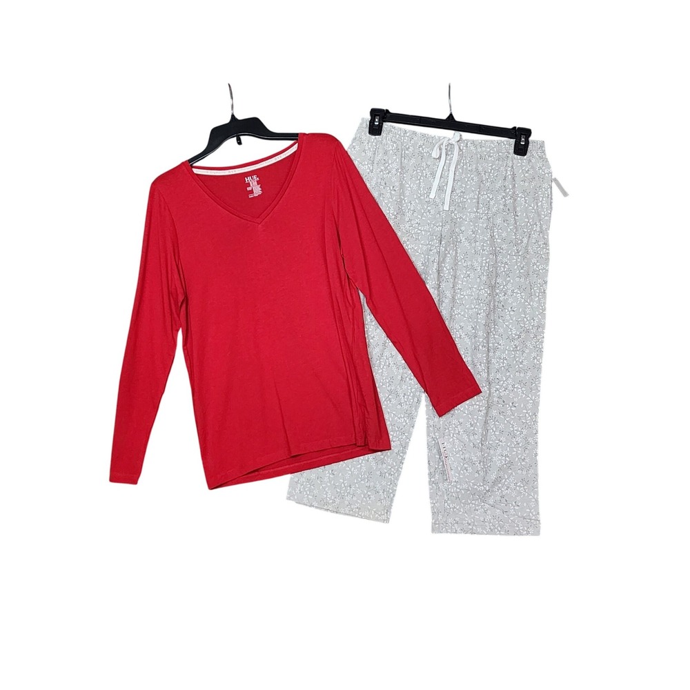 Pajama Set HUE Red Long Sleeve Top Charter Club Floral Cropped Pajama Pants Med